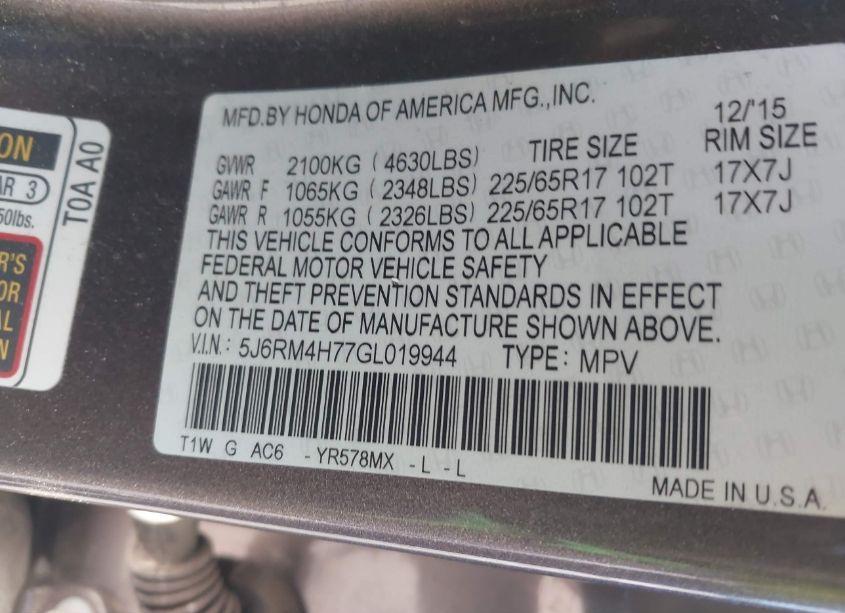 Photo 9 of 2016 Honda Cr-v EX-L (VIN 5J6RM4H77GL019944)