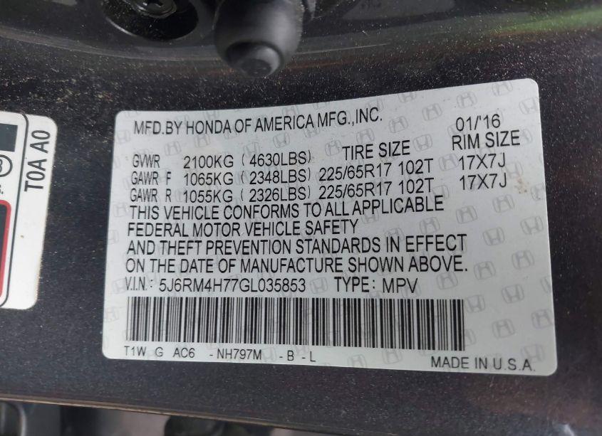 Photo 9 of 2016 Honda Cr-v EX-L (VIN 5J6RM4H77GL035853)