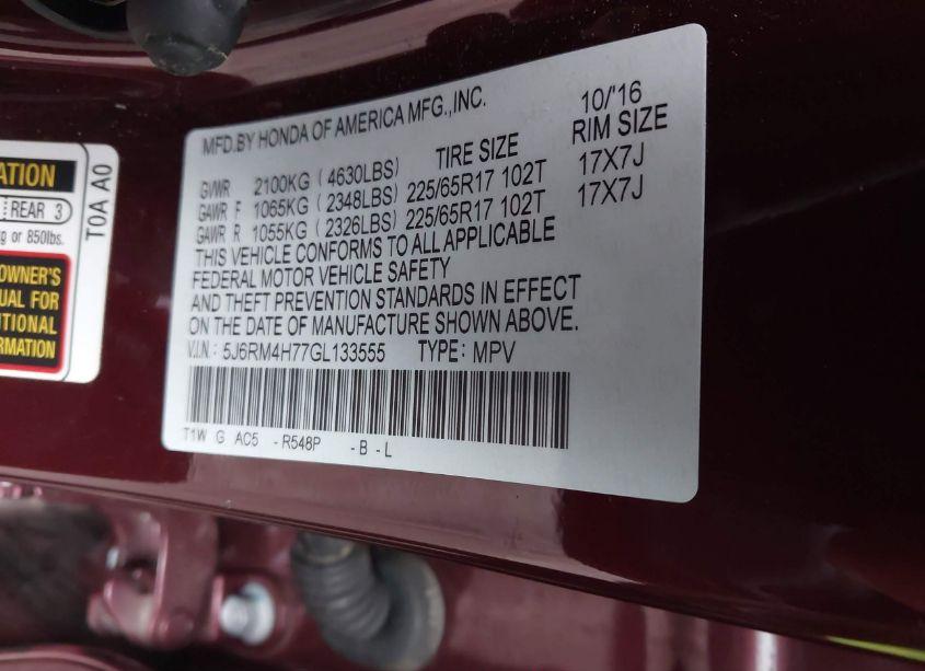 Photo 9 of 2016 Honda Cr-v EX-L (VIN 5J6RM4H77GL133555)