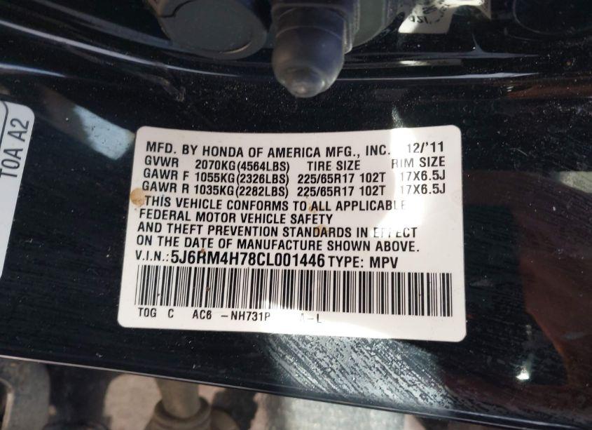 Photo 9 of 2012 Honda Cr-v EX-L (VIN 5J6RM4H78CL001446)