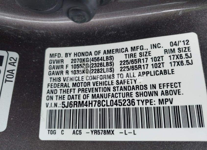 Photo 9 of 2012 Honda Cr-v EX-L (VIN 5J6RM4H78CL045236)