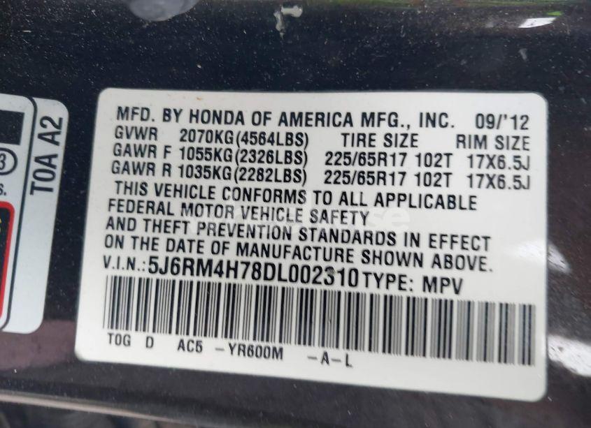 Photo 9 of 2013 Honda Cr-v EX-L (VIN 5J6RM4H78DL002310)