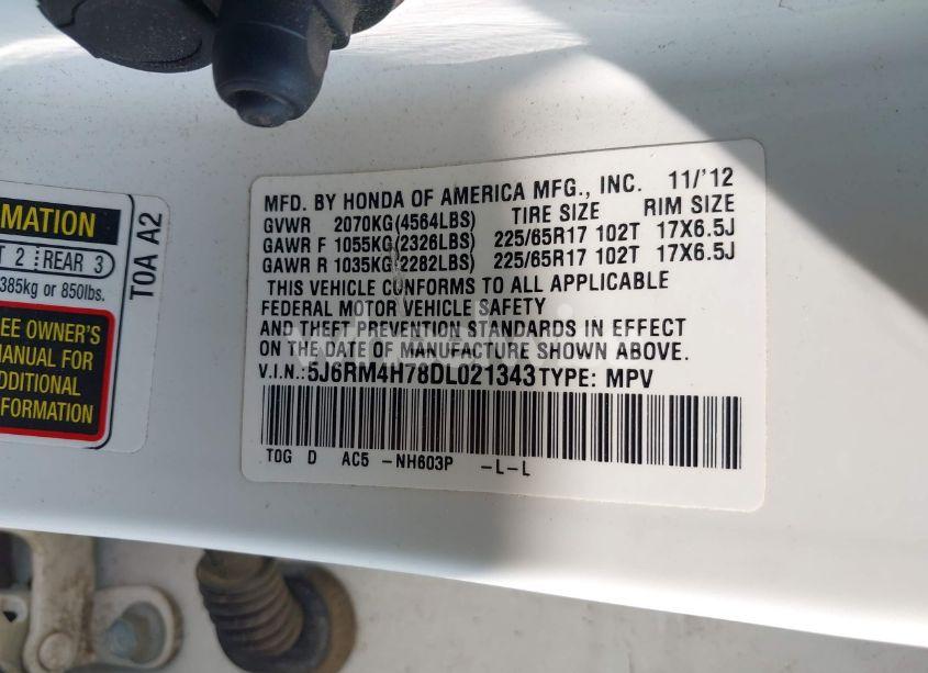 Photo 9 of 2013 Honda Cr-v EX-L (VIN 5J6RM4H78DL021343)