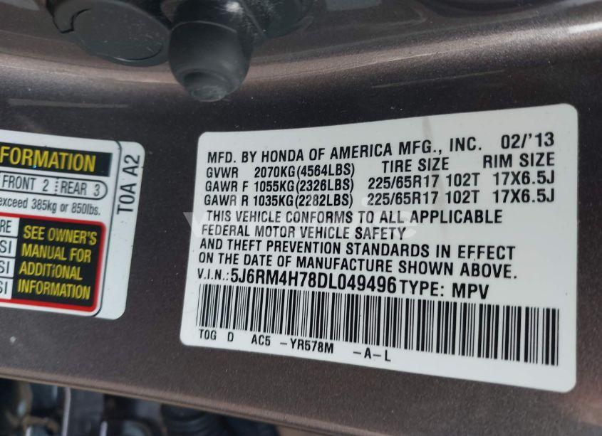 Photo 9 of 2013 Honda Cr-v EX-L (VIN 5J6RM4H78DL049496)