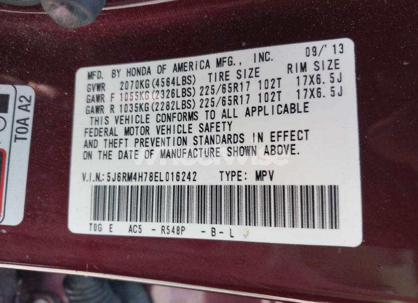 Photo 9 of 2014 Honda Cr-v EX-L (VIN 5J6RM4H78EL016242)