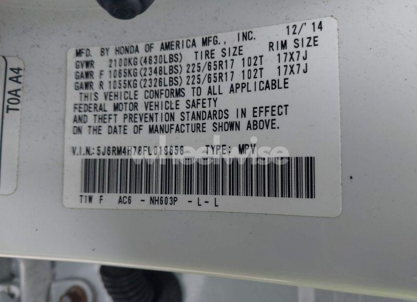 Photo 9 of 2015 Honda Cr-v EX-L (VIN 5J6RM4H78FL019658)