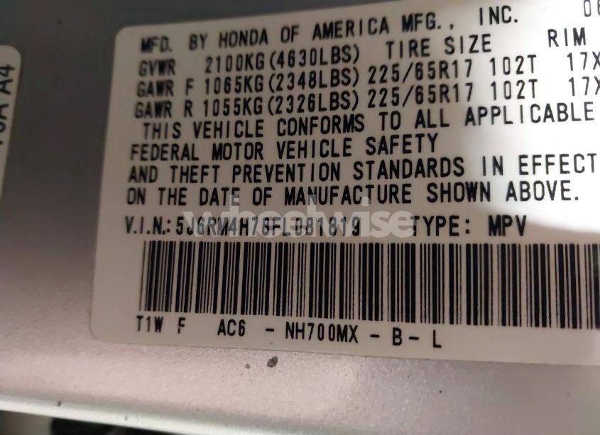 Photo 9 of 2015 Honda Cr-v EX-L (VIN 5J6RM4H78FL081819)