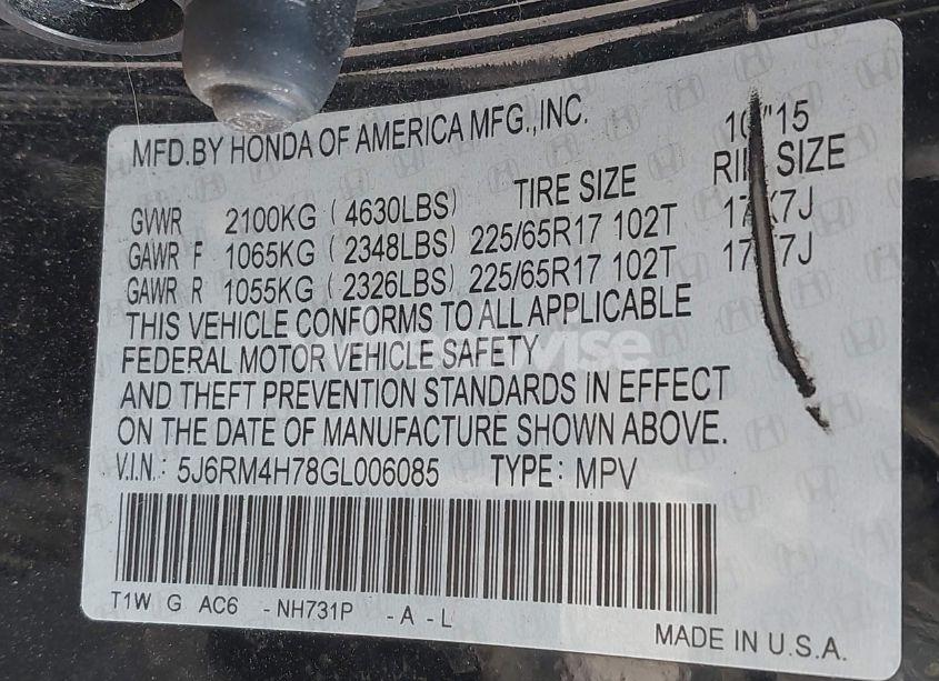 Photo 9 of 2016 Honda Cr-v EX-L (VIN 5J6RM4H78GL006085)
