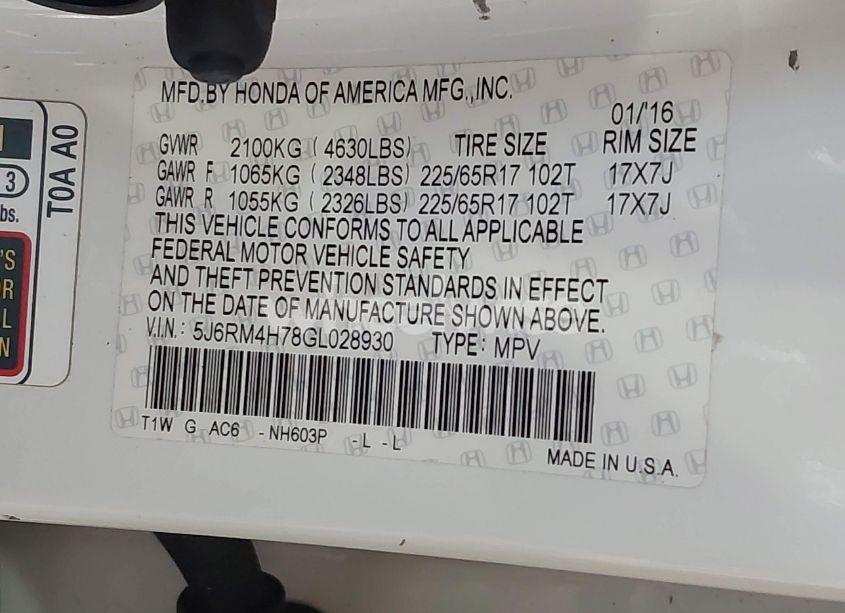 Photo 9 of 2016 Honda Cr-v EX-L (VIN 5J6RM4H78GL028930)