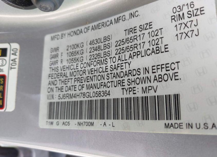 Photo 9 of 2016 Honda Cr-v EX-L (VIN 5J6RM4H78GL058364)