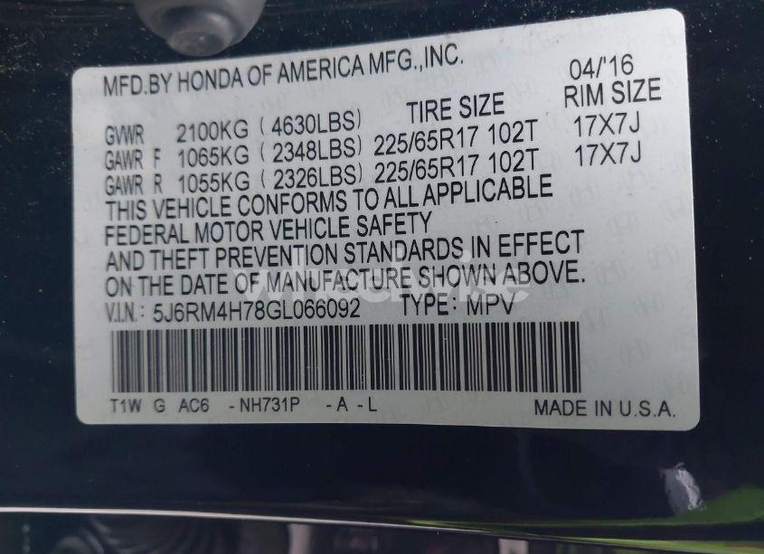 Photo 9 of 2016 Honda Cr-v EX-L (VIN 5J6RM4H78GL066092)