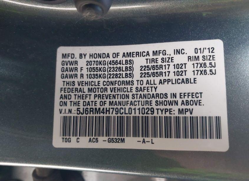 Photo 9 of 2012 Honda Cr-v EX-L (VIN 5J6RM4H79CL011029)