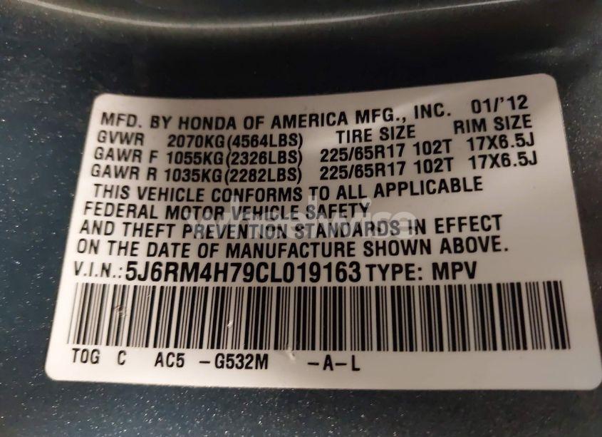 Photo 9 of 2012 Honda Cr-v EX-L (VIN 5J6RM4H79CL019163)