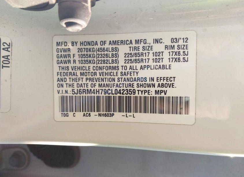 Photo 9 of 2012 Honda Cr-v EX-L (VIN 5J6RM4H79CL042359)