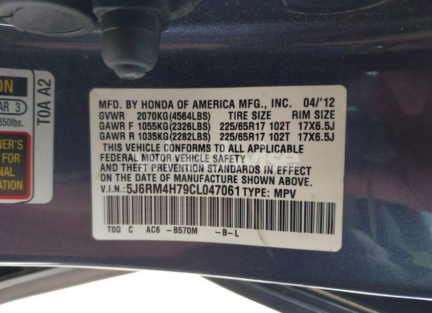 Photo 9 of 2012 Honda Cr-v EX-L (VIN 5J6RM4H79CL047061)