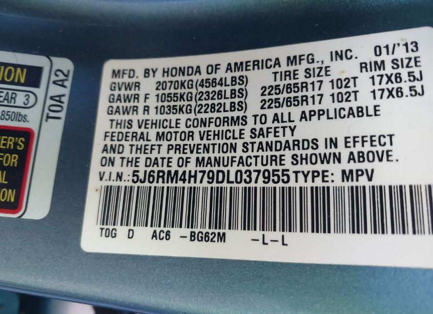 Photo 9 of 2013 Honda Cr-v EX-L (VIN 5J6RM4H79DL037955)