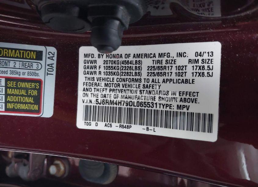 Photo 9 of 2013 Honda Cr-v EX-L (VIN 5J6RM4H79DL065531)