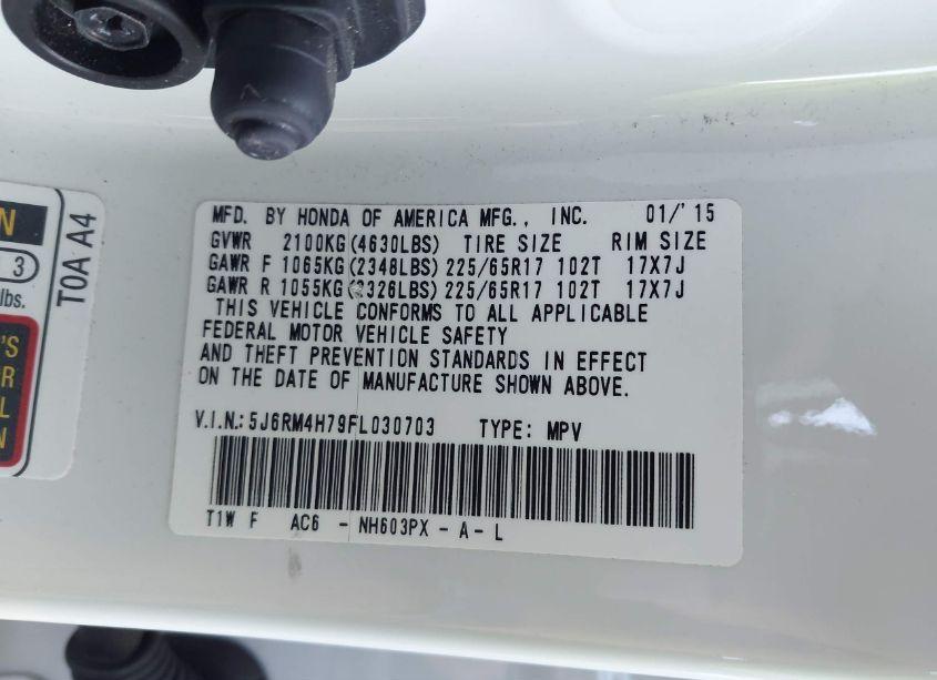 Photo 9 of 2015 Honda Cr-v EX-L (VIN 5J6RM4H79FL030703)