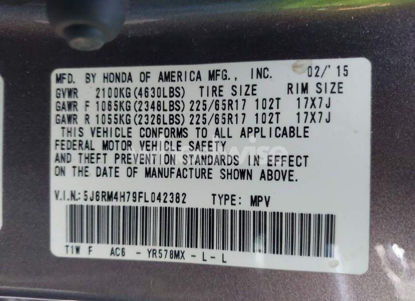 Photo 9 of 2015 Honda Cr-v EX-L (VIN 5J6RM4H79FL042382)