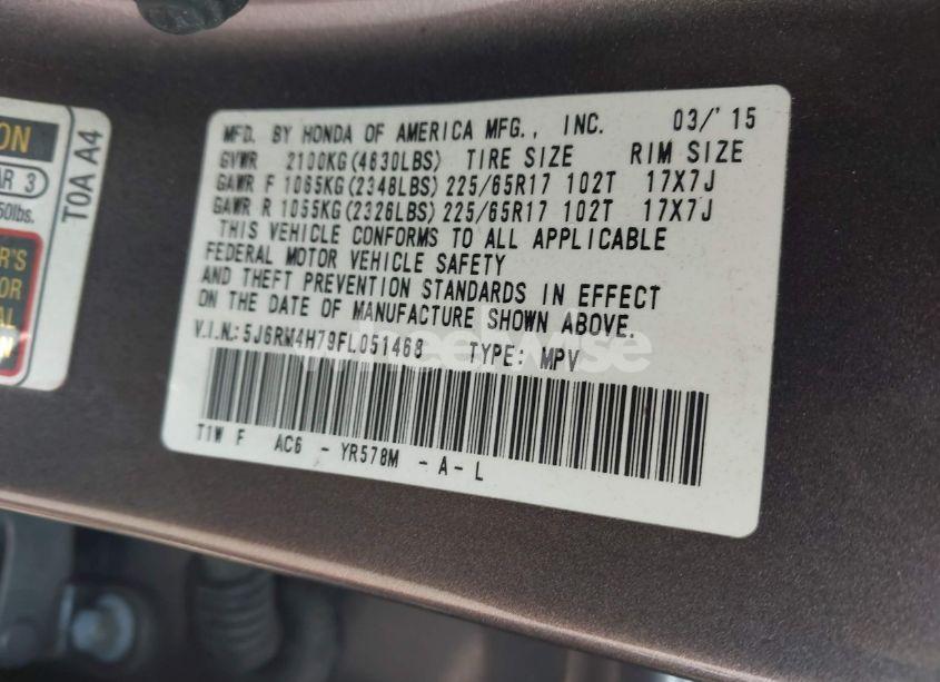 Photo 9 of 2015 Honda Cr-v EX-L (VIN 5J6RM4H79FL051468)