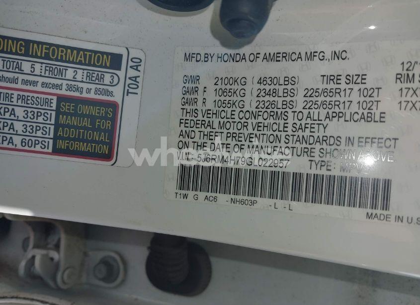 Photo 9 of 2016 Honda Cr-v EX-L (VIN 5J6RM4H79GL022957)