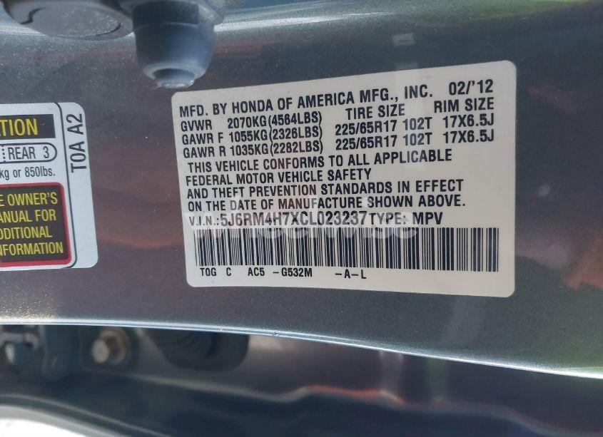 Photo 9 of 2012 Honda Cr-v EX-L (VIN 5J6RM4H7XCL023237)