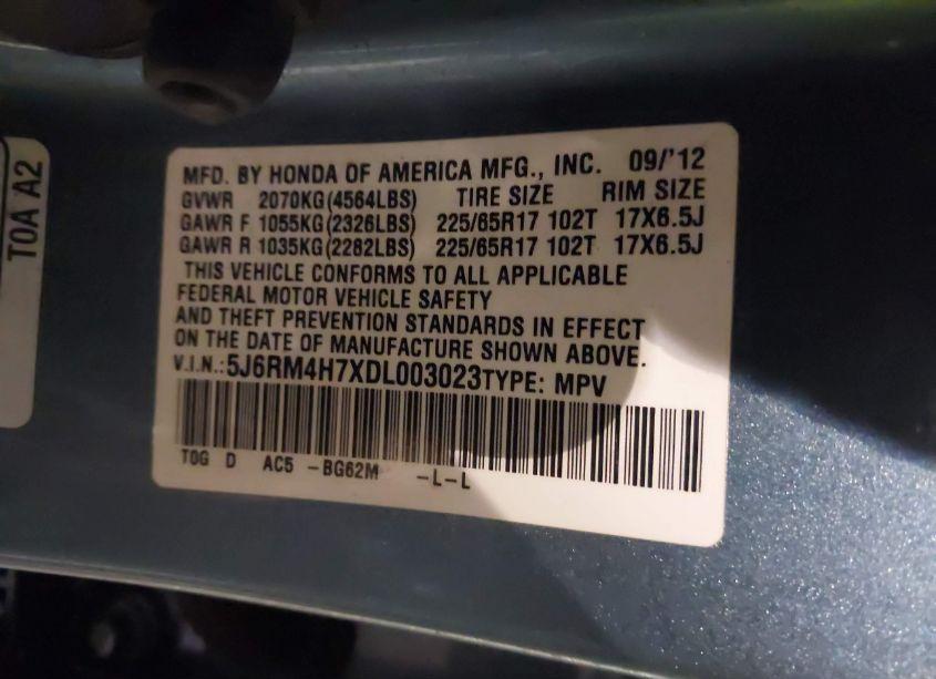 Photo 9 of 2013 Honda Cr-v EX-L (VIN 5J6RM4H7XDL003023)