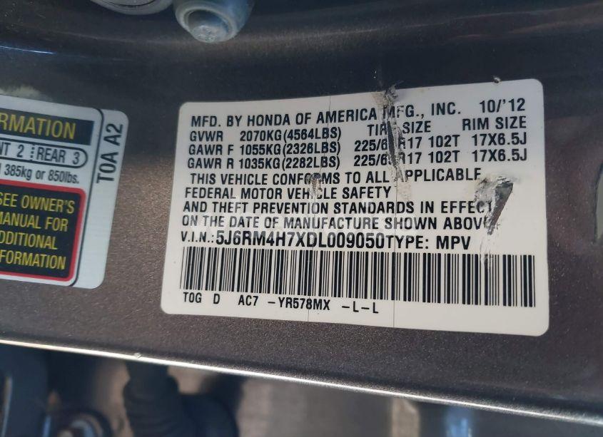 Photo 9 of 2013 Honda Cr-v EX-L (VIN 5J6RM4H7XDL009050)