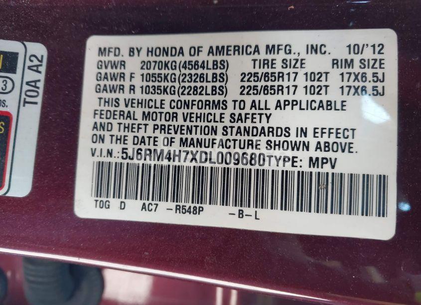 Photo 9 of 2013 Honda Cr-v EX-L (VIN 5J6RM4H7XDL009680)