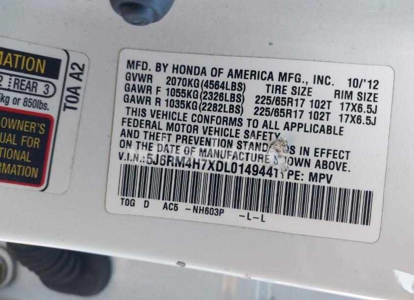 Photo 9 of 2013 Honda Cr-v EX-L (VIN 5J6RM4H7XDL014944)