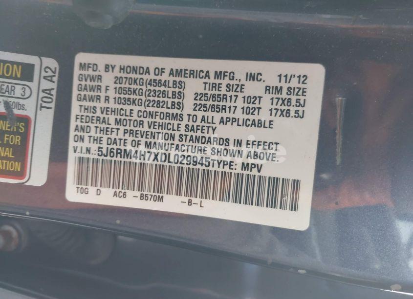 Photo 9 of 2013 Honda Cr-v EX-L (VIN 5J6RM4H7XDL029945)