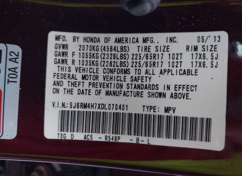 Photo 9 of 2013 Honda Cr-v EX-L (VIN 5J6RM4H7XDL070401)