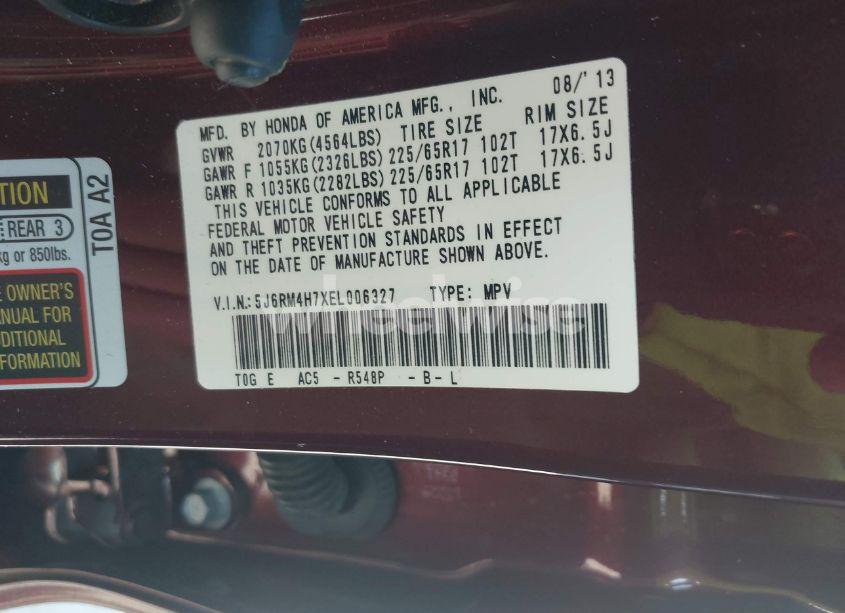 Photo 9 of 2014 Honda Cr-v EX-L (VIN 5J6RM4H7XEL006327)