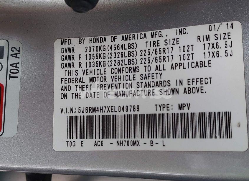 Photo 9 of 2014 Honda Cr-v EX-L (VIN 5J6RM4H7XEL049789)