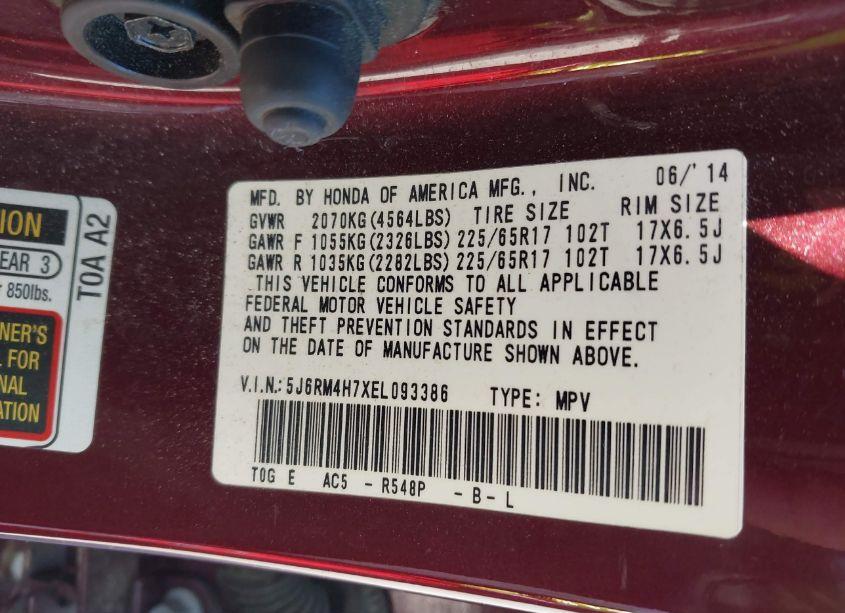 Photo 9 of 2014 Honda Cr-v EX-L (VIN 5J6RM4H7XEL093386)