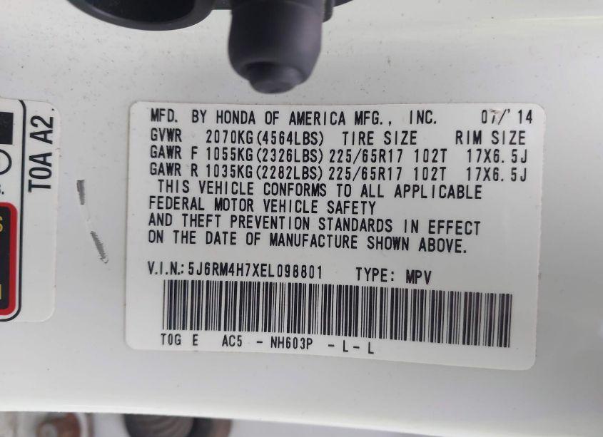 Photo 9 of 2014 Honda Cr-v EX-L (VIN 5J6RM4H7XEL098801)