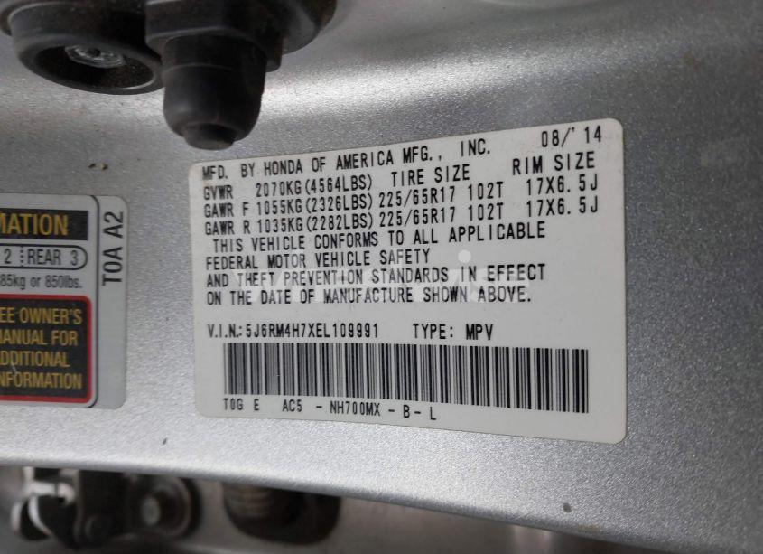 Photo 9 of 2014 Honda Cr-v EX-L (VIN 5J6RM4H7XEL109991)