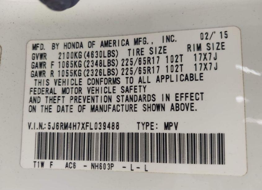 Photo 9 of 2015 Honda Cr-v EX-L (VIN 5J6RM4H7XFL039488)