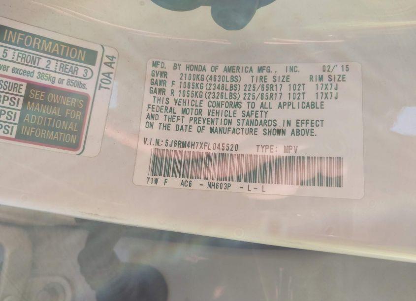 Photo 9 of 2015 Honda Cr-v EX-L (VIN 5J6RM4H7XFL045520)