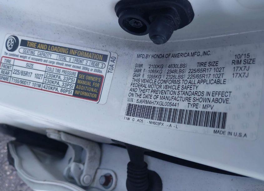 Photo 9 of 2016 Honda Cr-v EX-L (VIN 5J6RM4H7XGL005441)