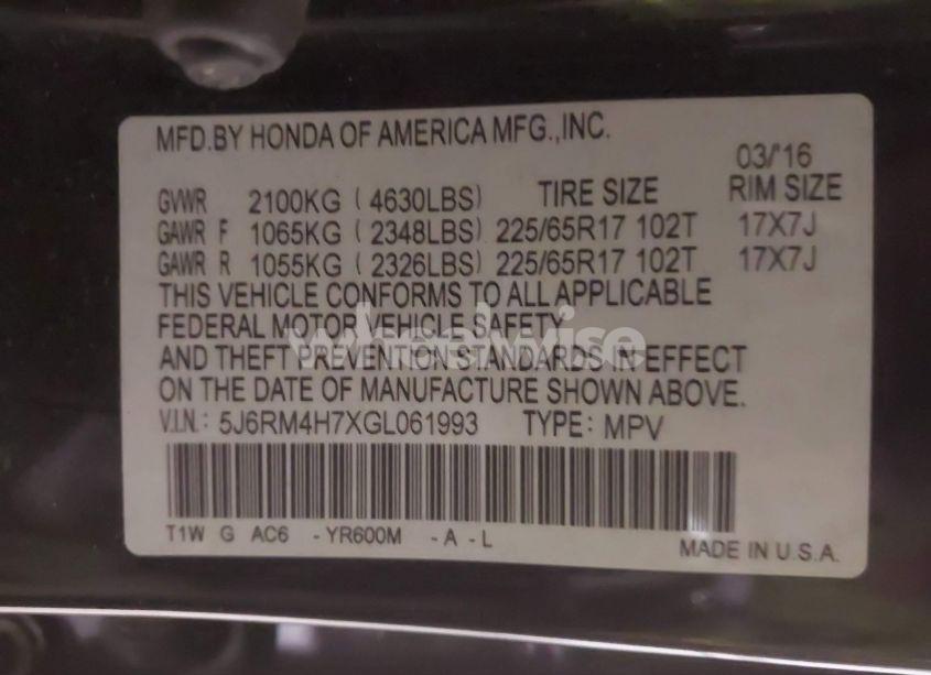 Photo 9 of 2016 Honda Cr-v EX-L (VIN 5J6RM4H7XGL061993)