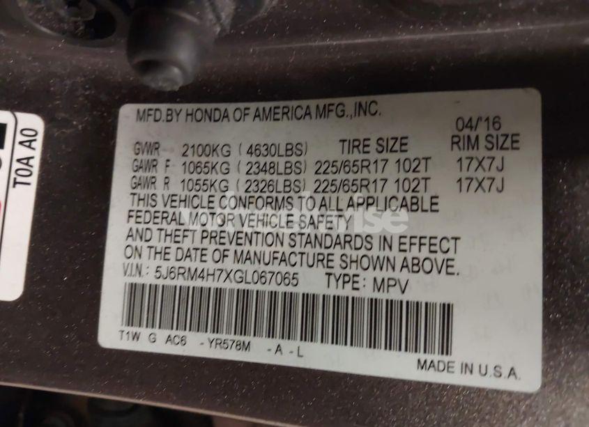 Photo 9 of 2016 Honda Cr-v EX-L (VIN 5J6RM4H7XGL067065)