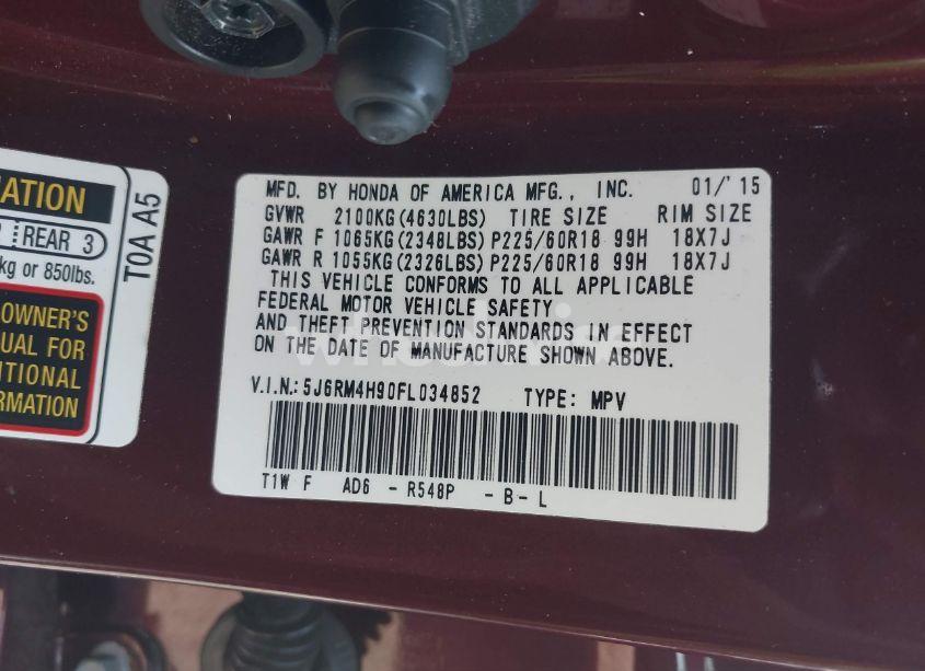 Photo 9 of 2015 Honda Cr-v TOURING (VIN 5J6RM4H90FL034852)