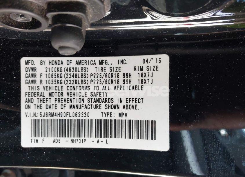 Photo 9 of 2015 Honda Cr-v TOURING (VIN 5J6RM4H90FL062330)