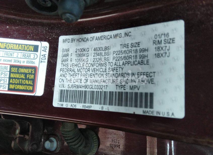 Photo 9 of 2016 Honda Cr-v TOURING (VIN 5J6RM4H90GL033217)