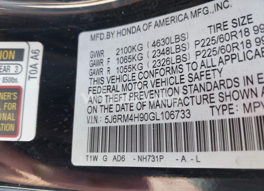 Photo 9 of 2016 Honda Cr-v TOURING (VIN 5J6RM4H90GL106733)