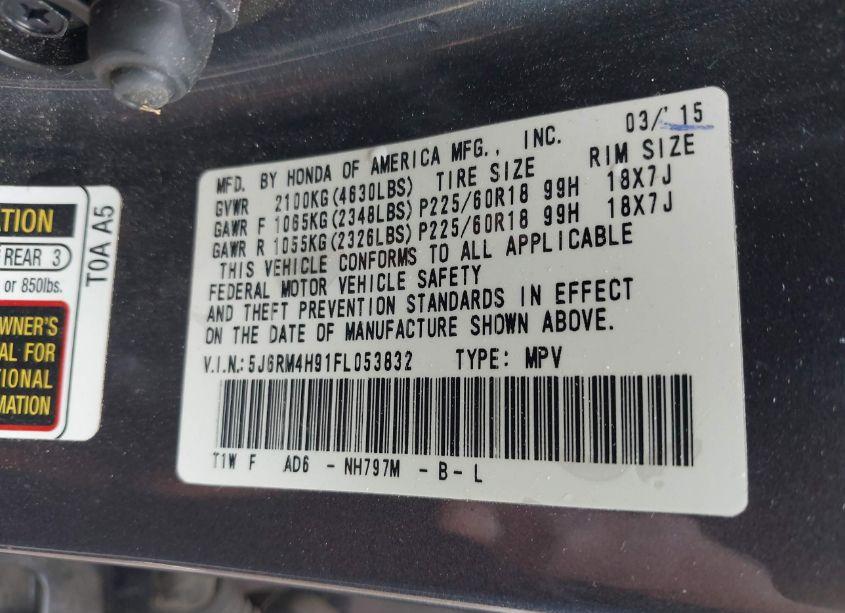 Photo 9 of 2015 Honda Cr-v TOURING (VIN 5J6RM4H91FL053832)