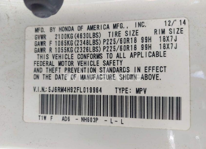 Photo 9 of 2015 Honda Cr-v TOURING (VIN 5J6RM4H92FL019964)