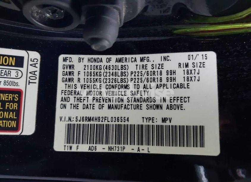 Photo 9 of 2015 Honda Cr-v TOURING (VIN 5J6RM4H92FL036554)