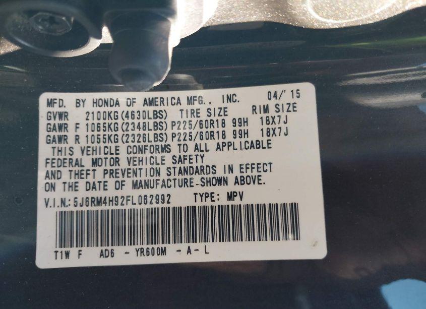 Photo 9 of 2015 Honda Cr-v TOURING (VIN 5J6RM4H92FL062992)